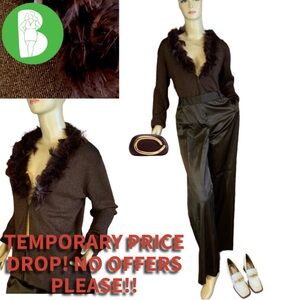 VINTAGE Y2K DRESSBARN BROWN W/METALLIC THREAD CARDIGAN W/FAUX FEATHER COLLAR (M)
